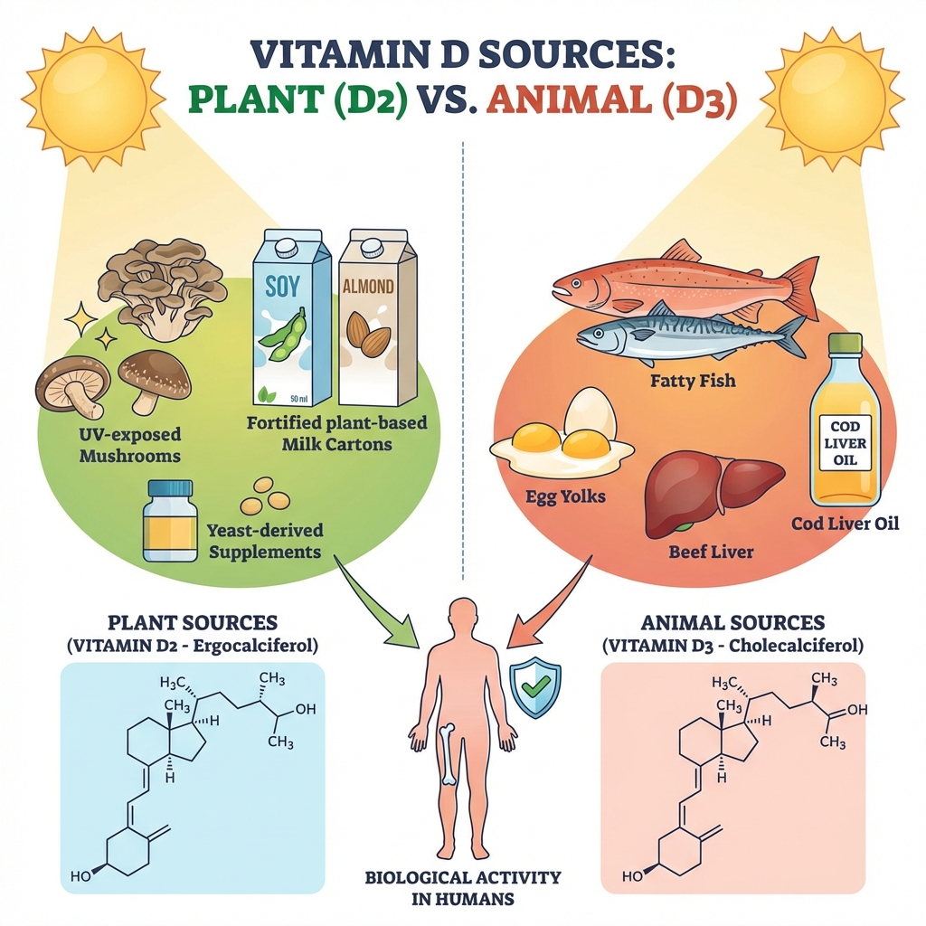 Différence entre sources de vitamine D2 et D3 végétales et animales.